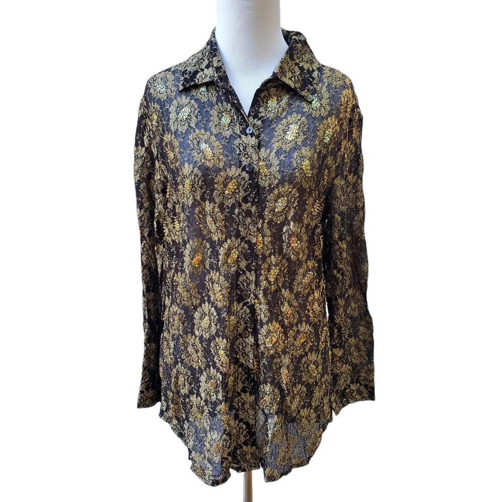 Chico's Design Sz 1 Black Gold Button Down Shirt Semi Sheer Sequin Beaded Chicos